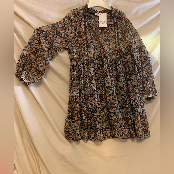 ✨NWT Zara Multicolor Floral Long Sleeve Tie Waist Button Front Ruffle Mini Dress - Picture 9 of 11